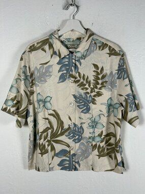 Tommy Bahama Womens Beige Hawaiian Button-Up Shirt Floral XL 16 Silk Blend NWOT